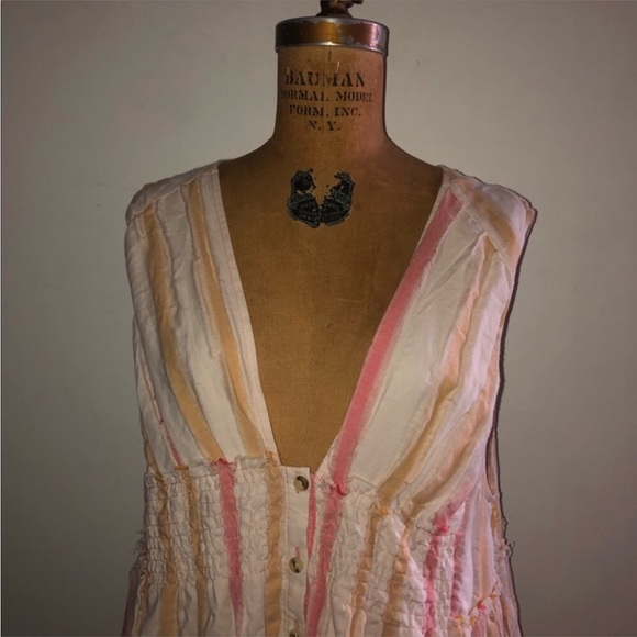 Free people] Orange combo Deep V neck Smoking oversized Button down dress - Picture 6 of 13